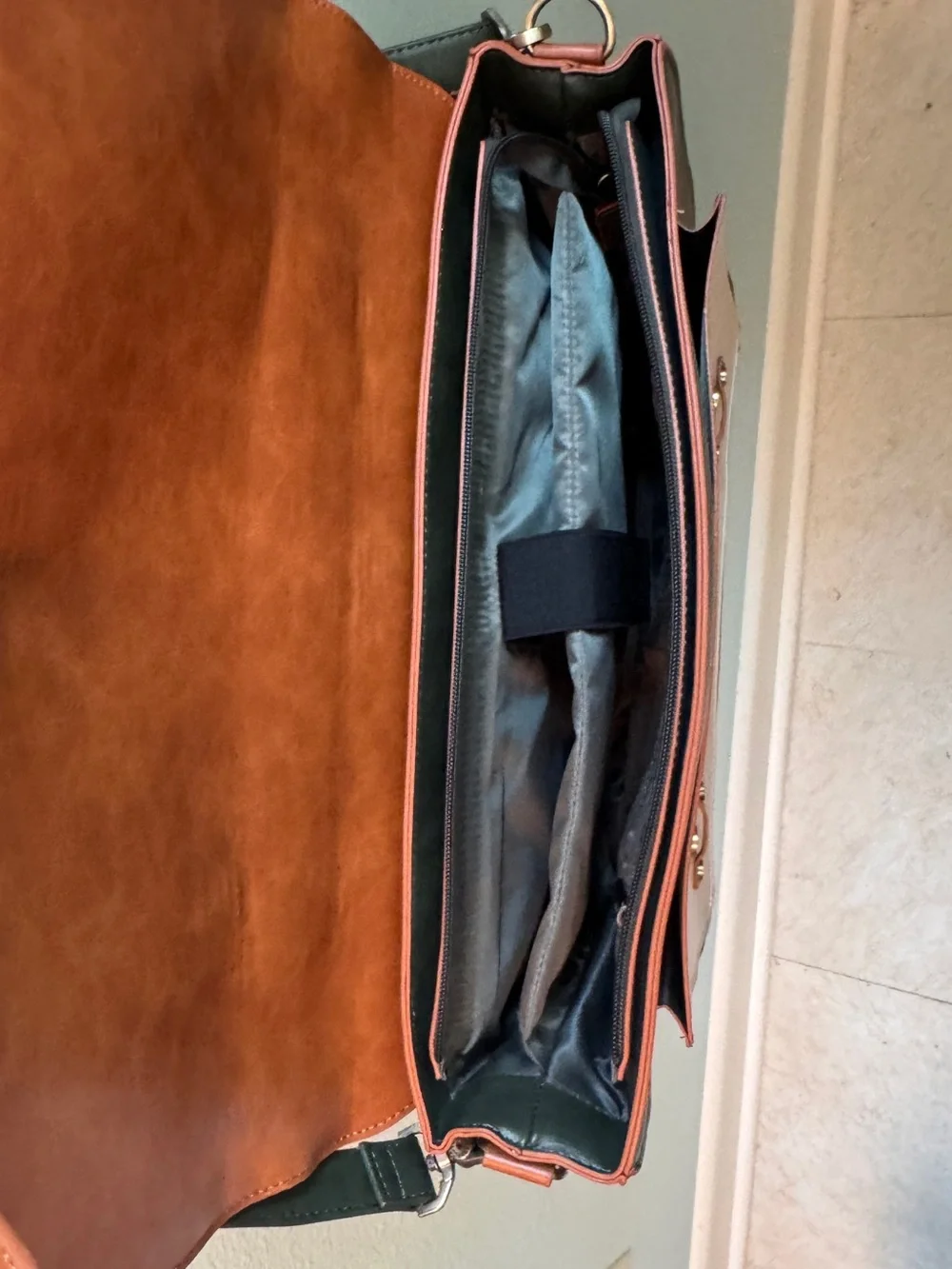 Three-Tone Chestnut Brown, Cream and Forest Green Leather Briefcase